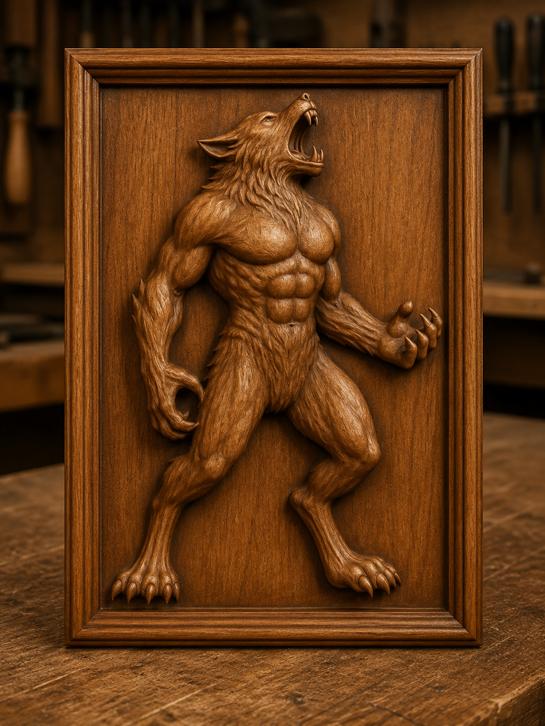 A wooden relief carving of a muscular werewolf with an open mouth, extended claws, and intricate fur detailing is displayed upright in a workshop setting—an eye-catching piece included in the Halloween Relief STL 6-Pack Bundle | Halloween CNC Wall Art by Form Arcade, perfect for woodworking projects or themed decor.