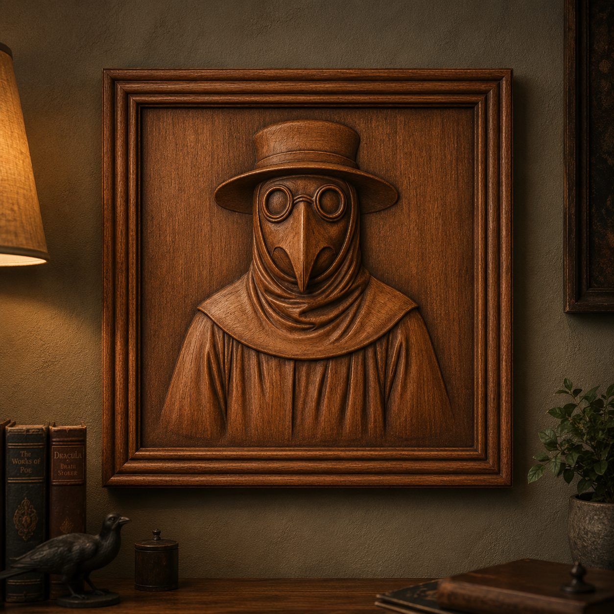 A Halloween Relief STL 6-Pack Bundle by Form Arcade, featuring a wooden framed plague doctor in a beaked mask and hat, hangs on the wall above a desk with books, a lamp, and a potted plant. This unique Halloween CNC Wall Art makes the perfect woodworking project for enthusiasts interested in CNC relief carving.