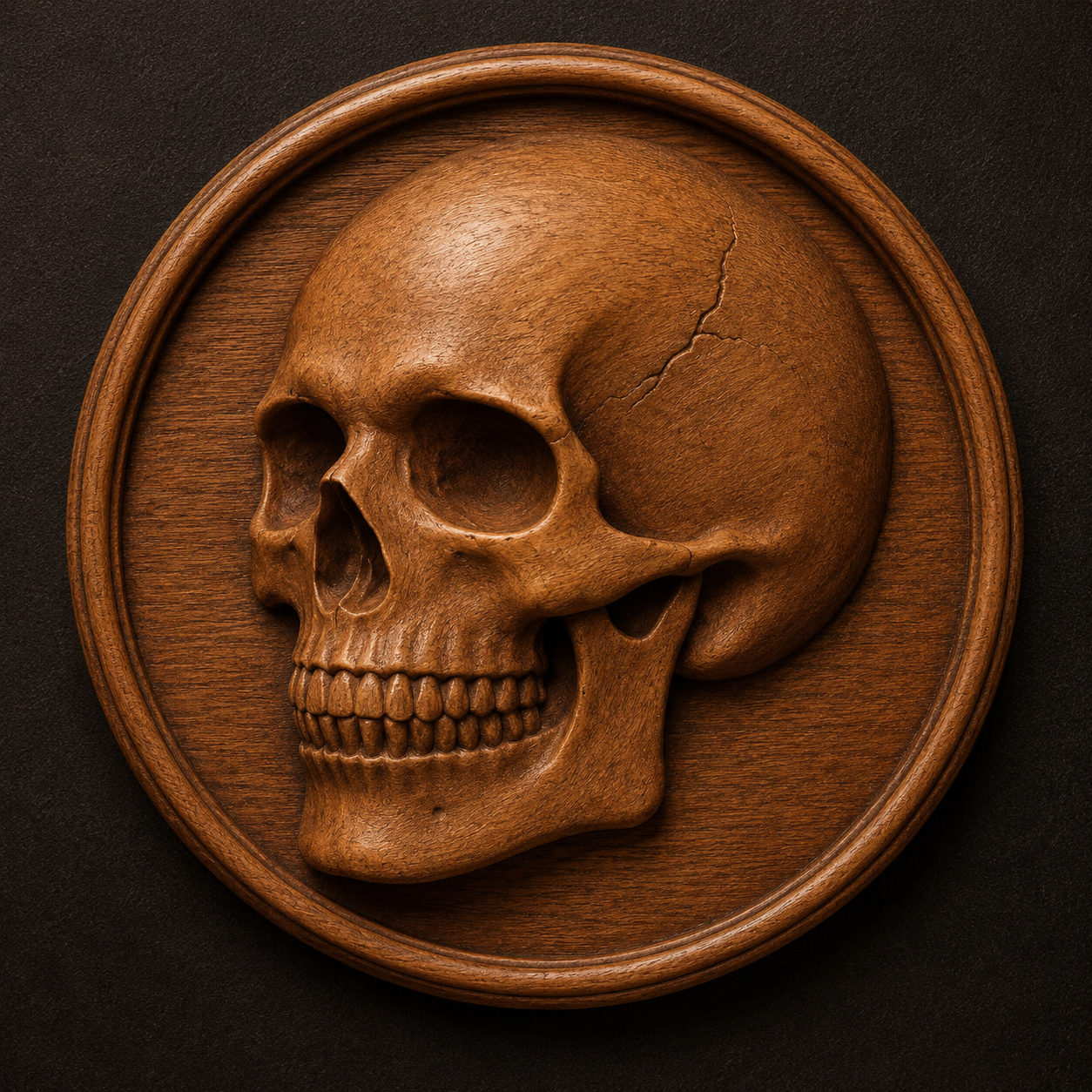 The Halloween Relief STL 6-Pack Bundle by Form Arcade features a realistic wooden carving of a human skull, perfect for CNC relief carving and woodworking projects, displayed on a circular wooden plaque against a dark background.