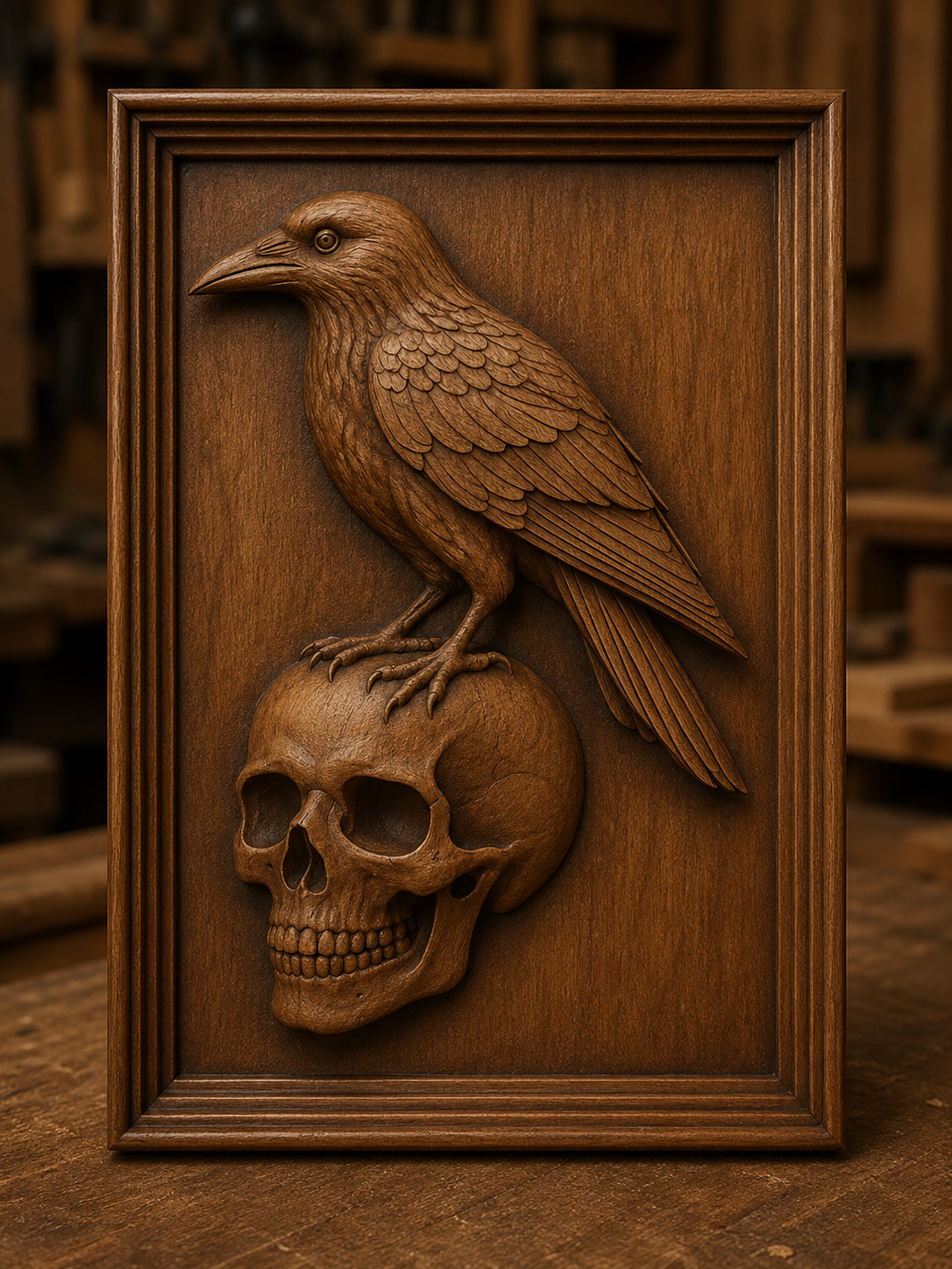 Showcasing a detailed wooden carving of a raven perched on a human skull against a workshop backdrop, Form Arcade’s Halloween Relief STL 6-Pack Bundle | Halloween CNC Wall Art is perfect for woodworking projects or CNC relief carving. This unique design adds an intriguing touch to any Halloween décor.