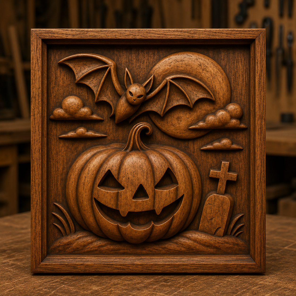 The Halloween Relief STL 6-Pack Bundle | Halloween CNC Wall Art by Form Arcade features a striking wooden carving of a jack-o-lantern, a bat flying beside a full moon, clouds, and a grave marker—all artfully arranged within a square frame resting on a wooden surface—making it perfect inspiration for distinctive CNC relief carving or other woodworking projects.