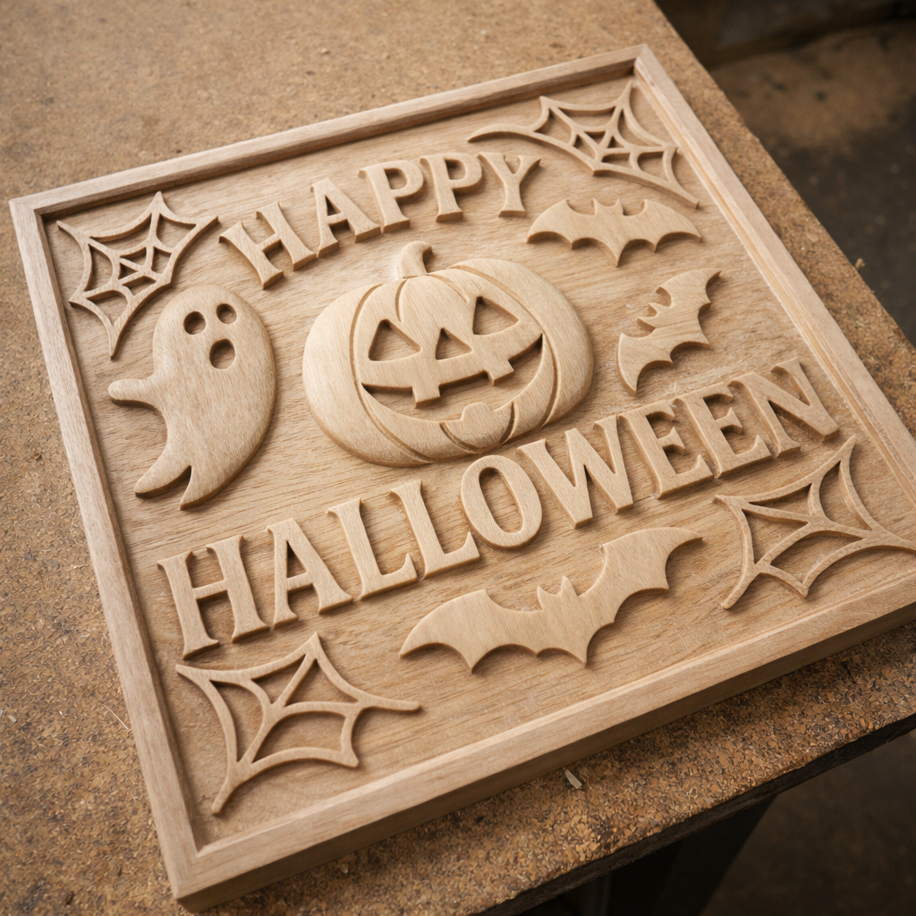 Happy Halloween relief carved into an unfinished wooden panel resting on a work surface, visible tool marks and natural wood grain across the pumpkin, ghost, bats, and lettering, showing clean carving depth and detail from CNC machining process