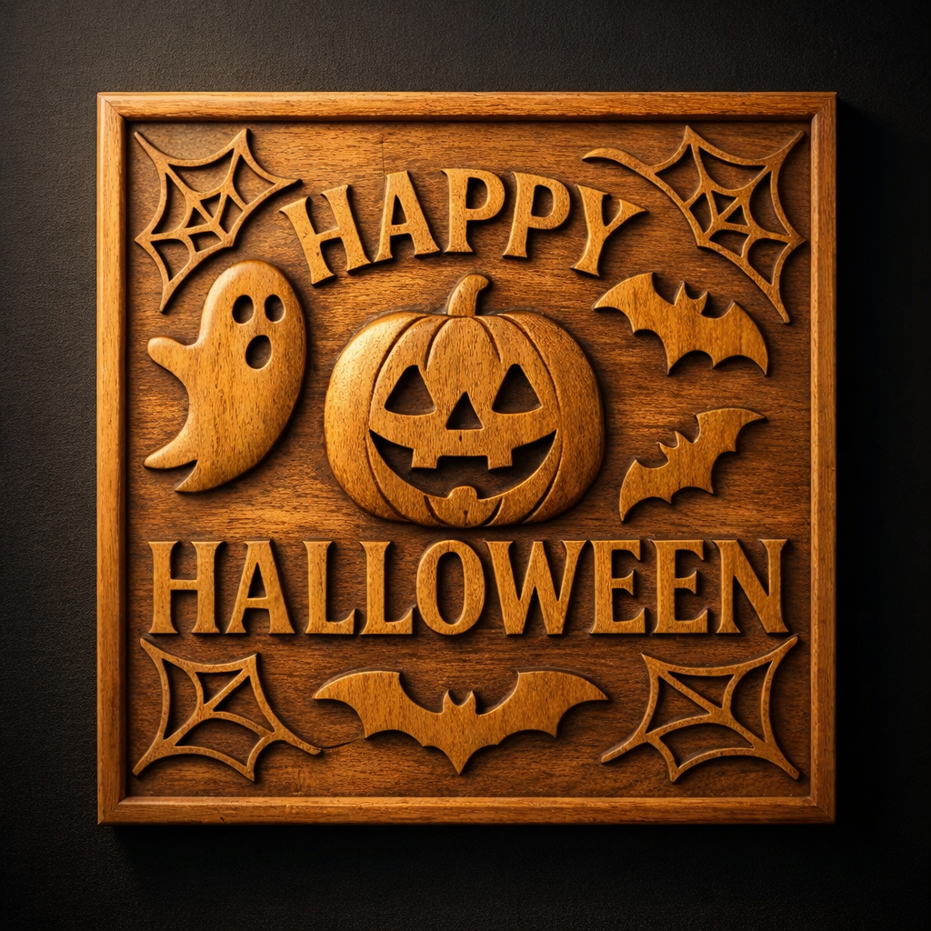 Happy Halloween relief carved into a square wooden panel showing pumpkin face, ghost, bats, and web corner details with smooth depth transitions and crisp lettering, framed composition with natural wood grain and shadowed carving depth for seasonal CNC wall art