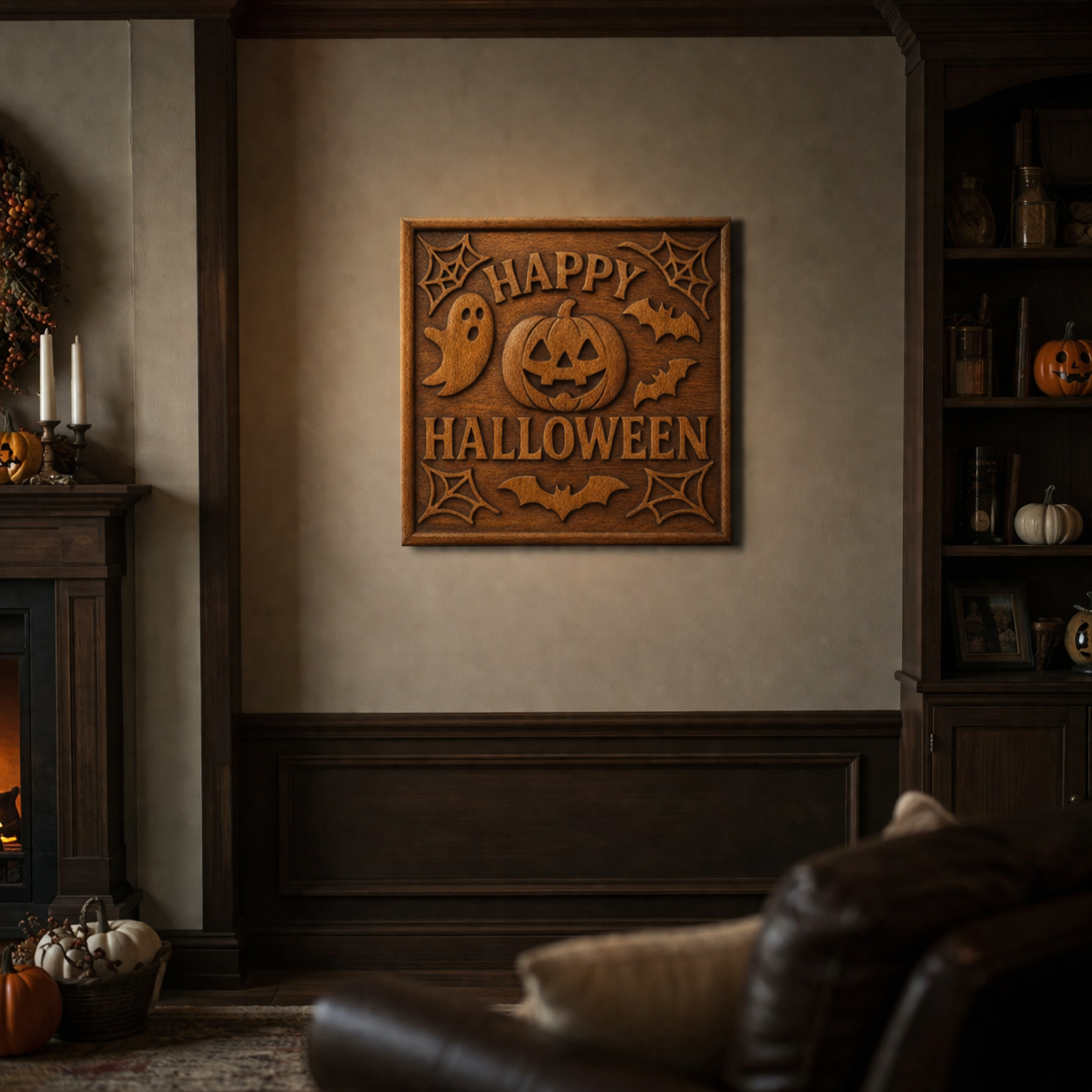 Happy Halloween relief wall art mounted on a wall in a cozy interior setting, framed wooden panel with carved pumpkin, ghost, and bats highlighted by warm lighting, strong depth and shadow across the carving giving a finished seasonal wall decor appearance