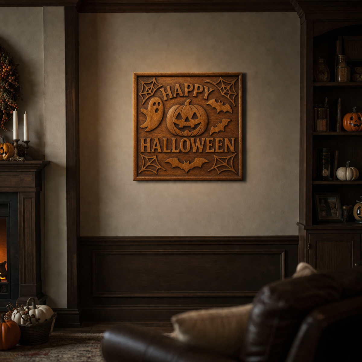 Happy Halloween relief wall art mounted on a wall in a cozy interior setting, framed wooden panel with carved pumpkin, ghost, and bats highlighted by warm lighting, strong depth and shadow across the carving giving a finished seasonal wall decor appearance