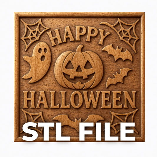 Happy Halloween sign relief carved into a framed wooden panel featuring a jack o lantern, ghost, bats, and spiderweb corners with bold raised lettering, deep carving detail and warm wood grain visible throughout, STL file overlay indicating CNC carving design for Halloween wall art