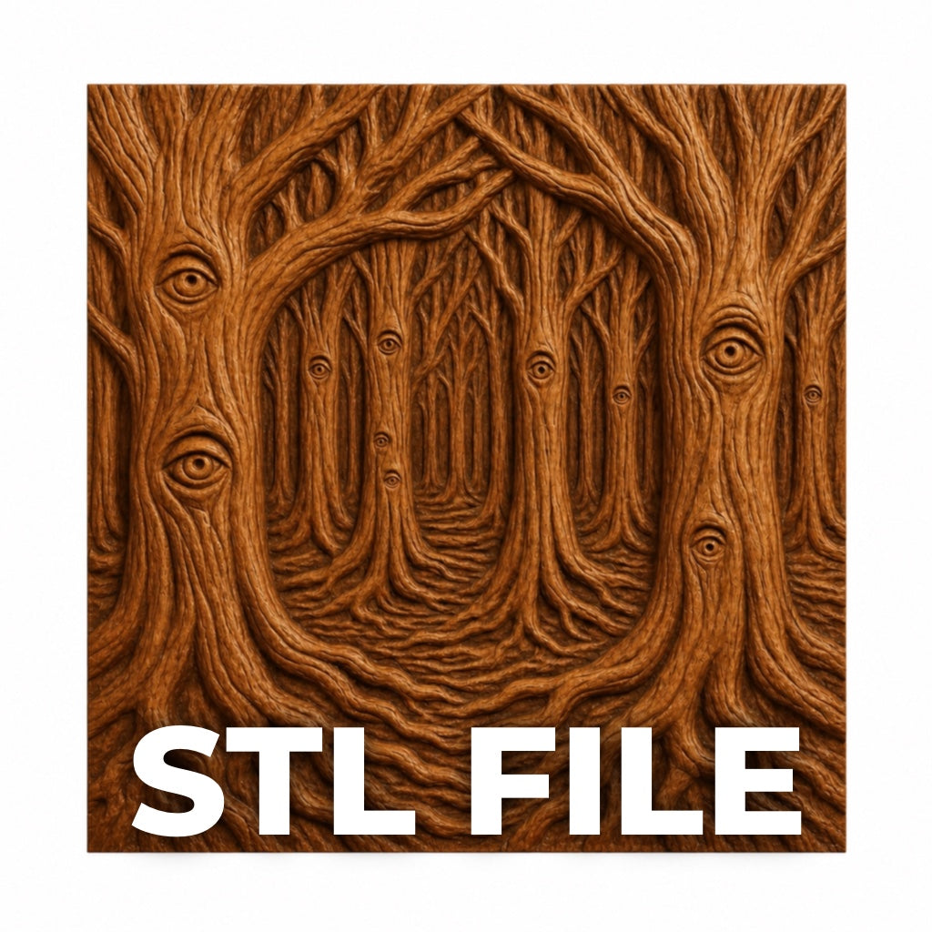 A digital forest scene with brown trees, each trunk showing an eye, and twisted roots. "Haunted Forest Relief STL File | Dark CNC Wall Art" by Form Arcade is written below—perfect for CNC carving or 3D printing.
