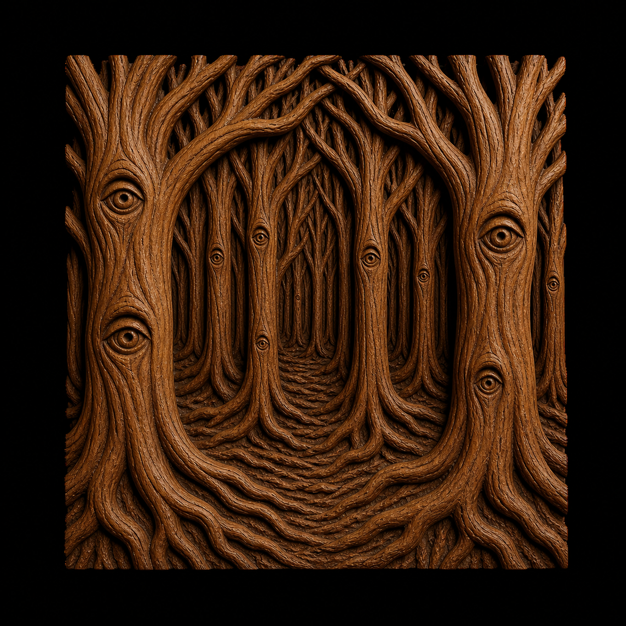 A surreal forest scene with countless tree trunks, each bearing a single eye, evokes the Haunted Forest Relief STL File by Form Arcade—a dark CNC wall art featuring twisted branches and roots that lend an eerie, labyrinthine atmosphere in brown tones.