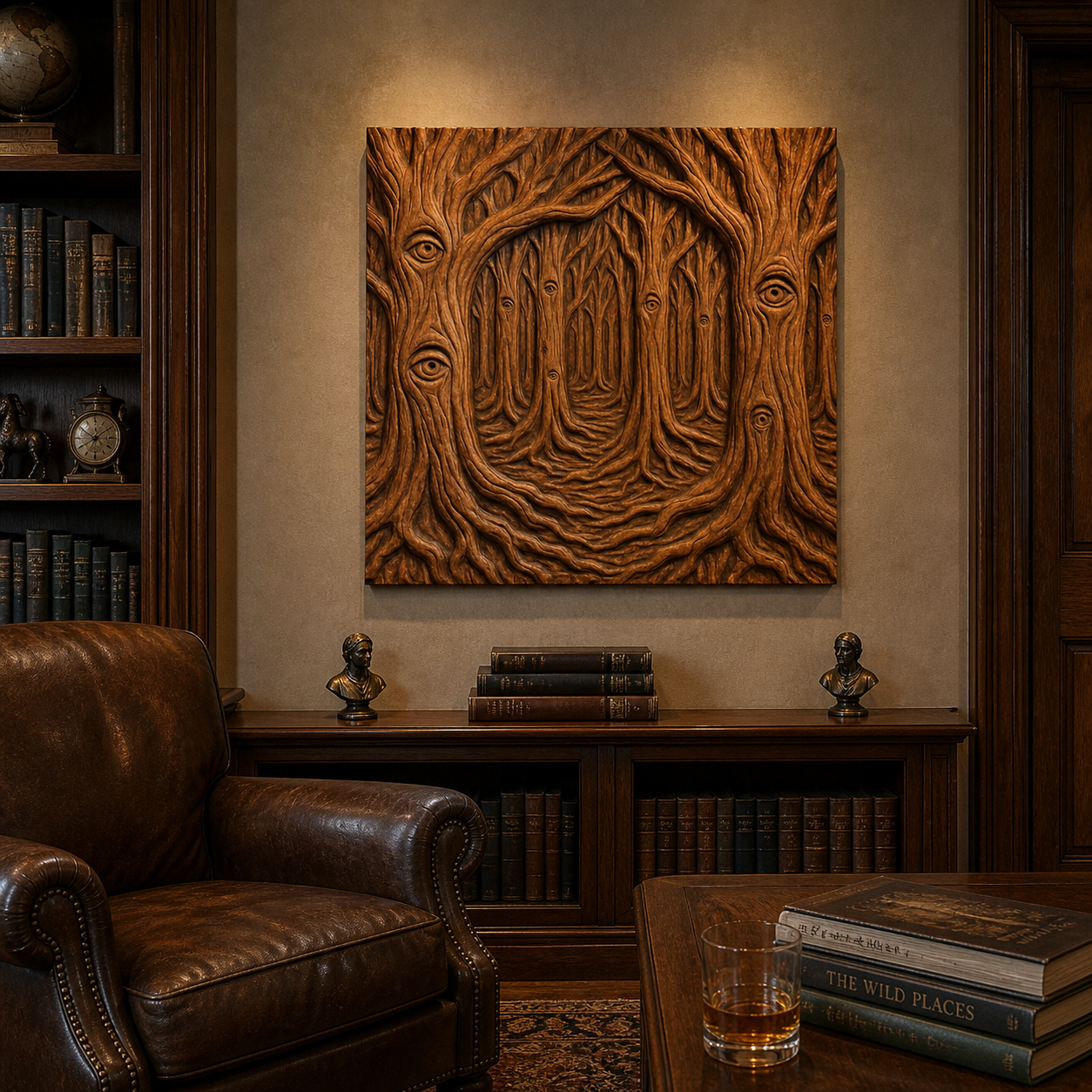 A cozy library features leather chairs, wooden bookshelves, and a surreal tree painting. In front sits a glass of whiskey beside stacked books and the Haunted Forest Relief STL File by Form Arcade, ready for 3D printing or CNC wall art.