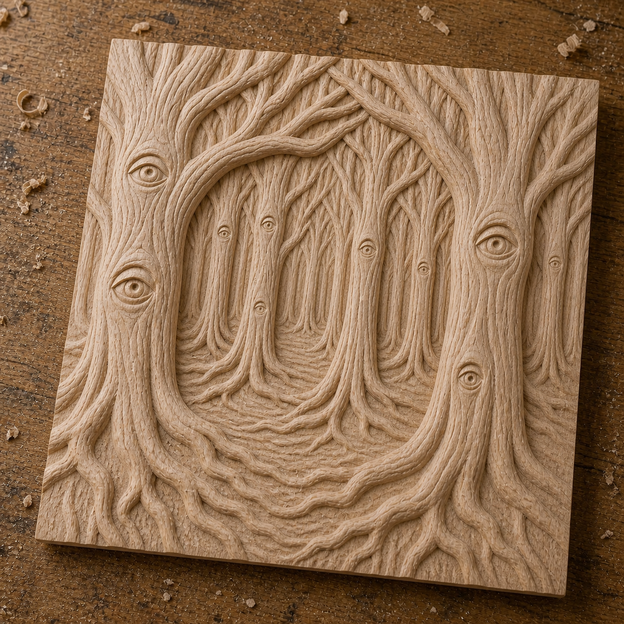 The Haunted Forest Relief STL File by Form Arcade features a surreal CNC-carved forest scene with tree trunks bearing human-like eyes, twisting roots and branches for depth, and scattered wood shavings on the wooden surface.