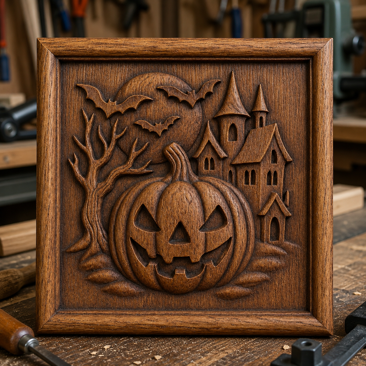 The Haunted Pumpkin Castle CNC Relief STL File by Form Arcade features a detailed jack-o-lantern, spooky tree, bats, and haunted house—perfect for Halloween woodworking. Displayed on a woodshop workbench as intricate wall art.
