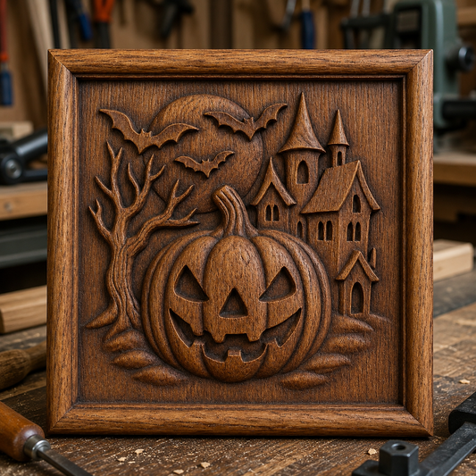 The Haunted Pumpkin Castle CNC Relief STL File by Form Arcade features a detailed jack-o-lantern, spooky tree, bats, and haunted house—perfect for Halloween woodworking. Displayed on a woodshop workbench as intricate wall art.