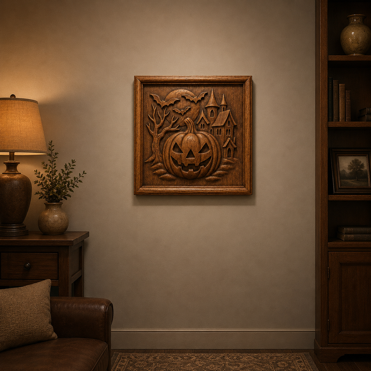 A cozy living room with warm lighting features the Haunted Pumpkin Castle CNC Relief STL File by Form Arcade on the wall, making it a perfect Halloween-themed centerpiece for woodworking projects.
