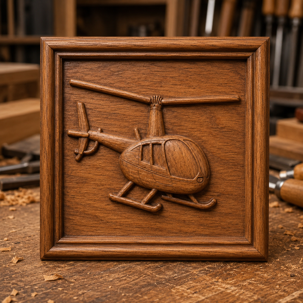 The Helicopter Relief STL File by Form Arcade features a detailed helicopter aircraft design for CNC wall art, shown on a workbench with woodworking tools and shavings in the background.