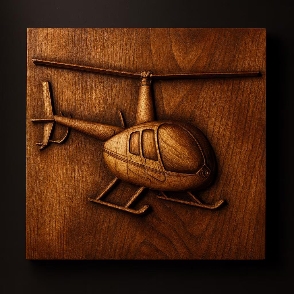 The Helicopter Relief STL File by Form Arcade features a detailed helicopter carving on a rectangular panel, perfect for CNC wall art or 3D printing, highlighting rich textures against a dark background.