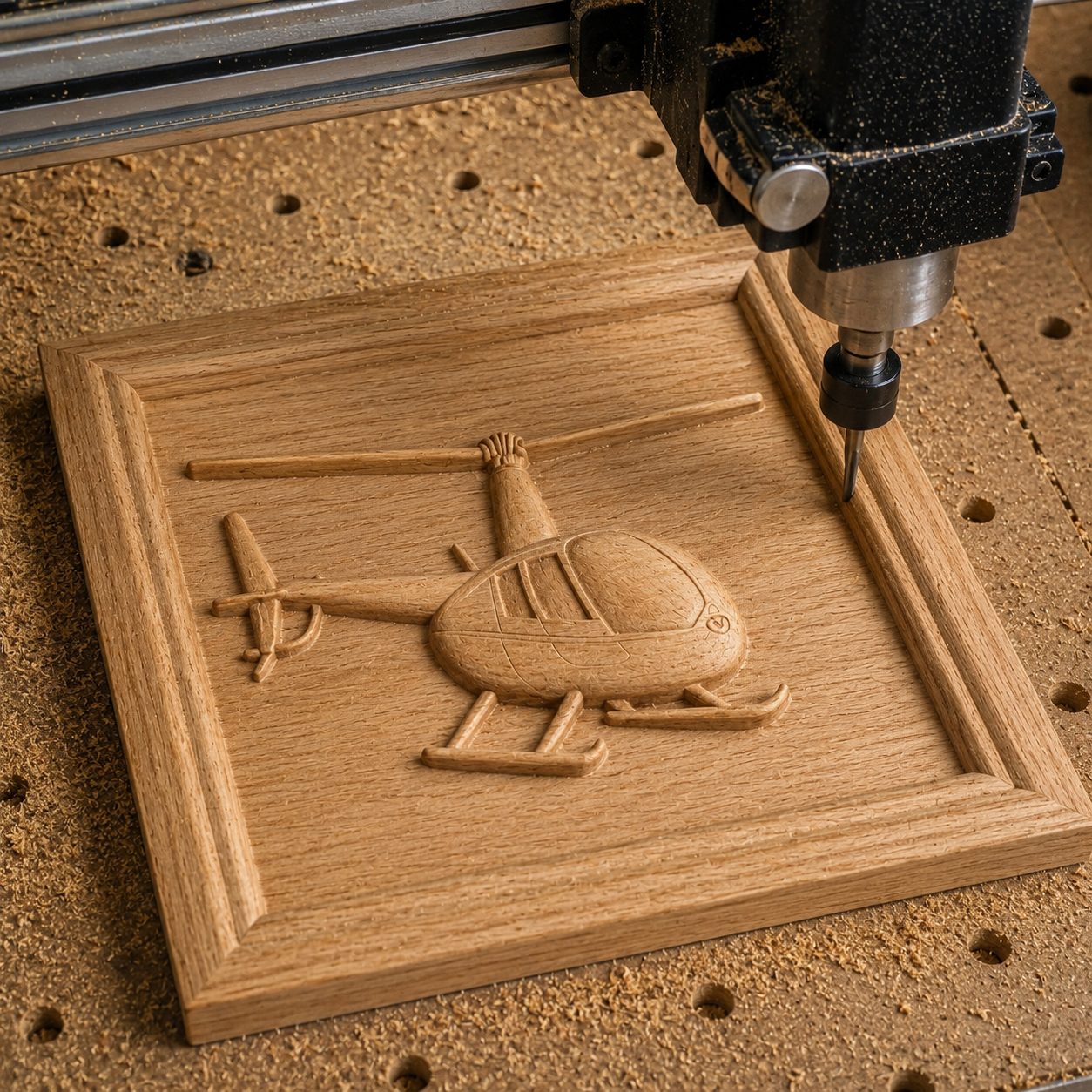 The Helicopter Relief STL File by Form Arcade features a helicopter design for CNC wall art, shown carved into a square wooden plaque with wood shavings scattered on a perforated work surface.