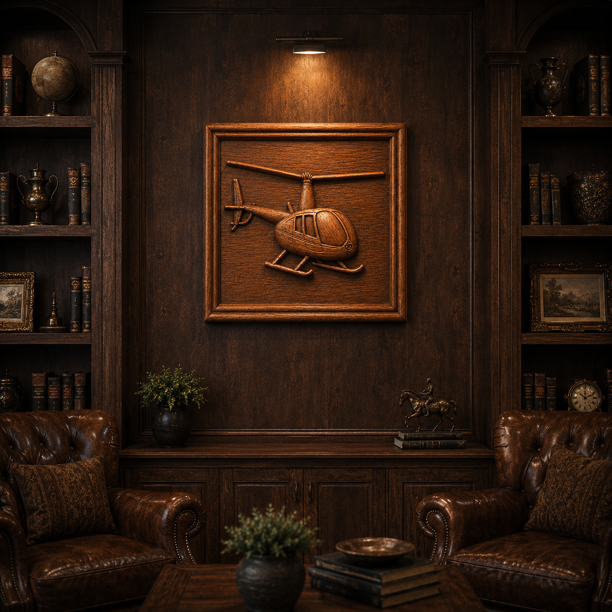 A cozy, wood-paneled study with leather armchairs and bookshelves features Form Arcade’s "Helicopter Relief STL File | Helicopter Aircraft CNC Wall Art" displayed on the wall, illuminated by a spotlight above.