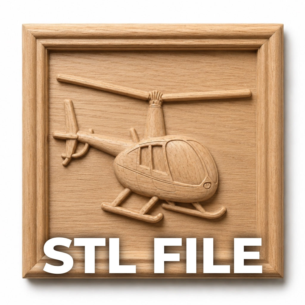 A wooden CNC carving of a helicopter relief in a square frame, labeled "Helicopter Relief STL File | Helicopter Aircraft CNC Wall Art" by Form Arcade, with bold white "STL FILE" text at the bottom.