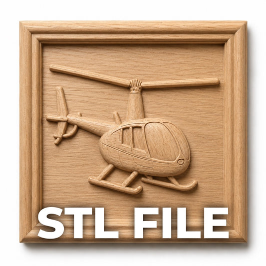 A wooden CNC carving of a helicopter relief in a square frame, labeled "Helicopter Relief STL File | Helicopter Aircraft CNC Wall Art" by Form Arcade, with bold white "STL FILE" text at the bottom.