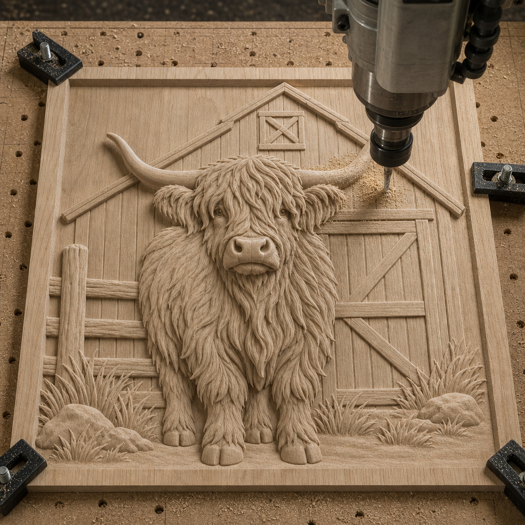 CNC router cutting a Highland cow relief into a wood panel, with the barn, fencing, grass, and rocks taking shape.