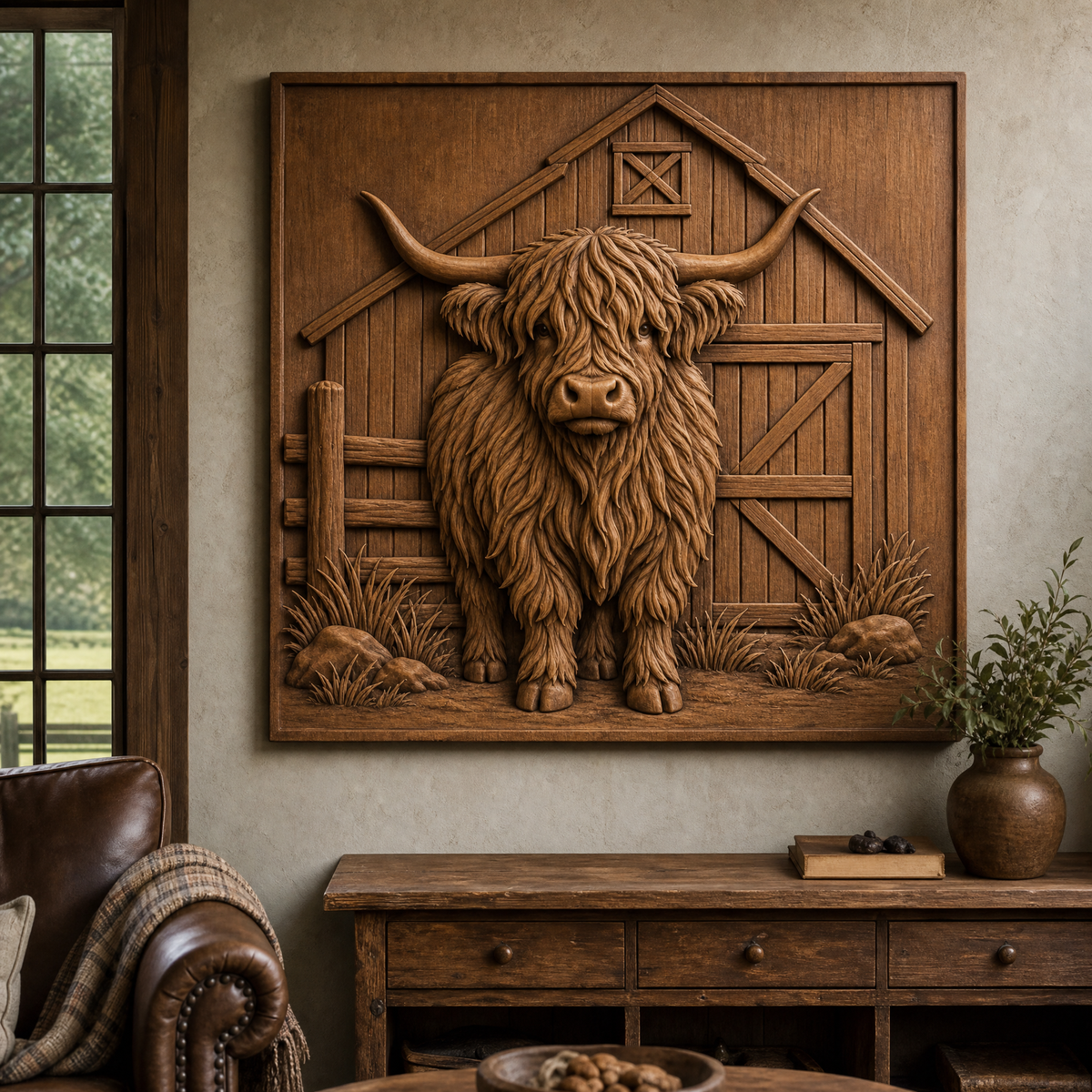 Framed Highland cow CNC relief wall art displayed above a console in a rustic farmhouse living room.