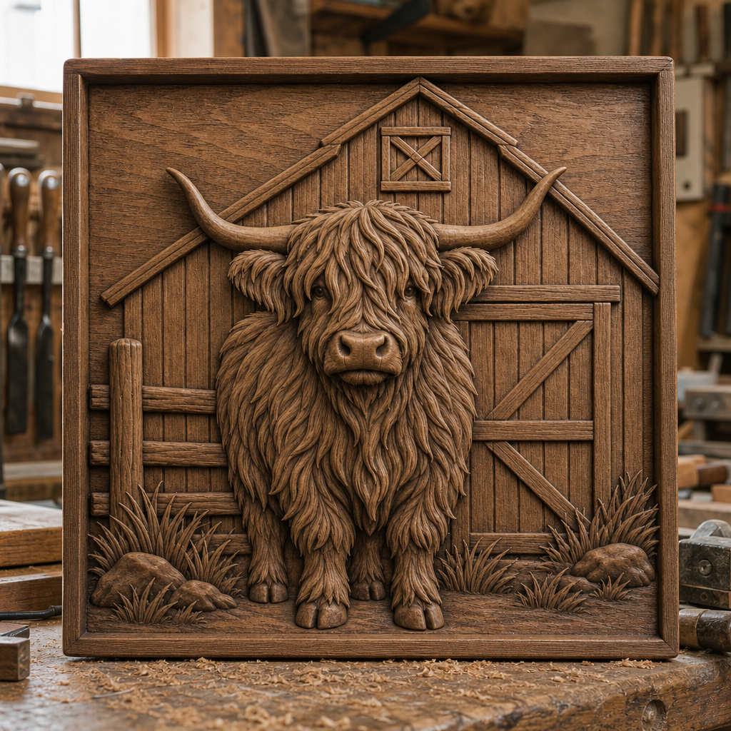 Front-facing Highland cow CNC wood relief with long horns, shaggy coat, barn façade, fencing, grass, and rocks.