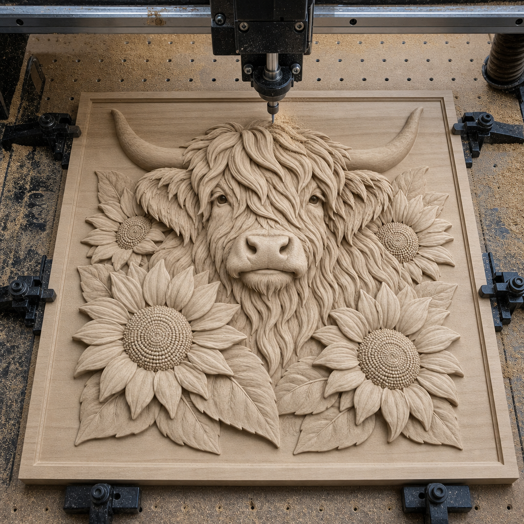CNC machine cutting a rectangular wood relief of a Highland cow with curved horns, leaves, and four sunflowers.