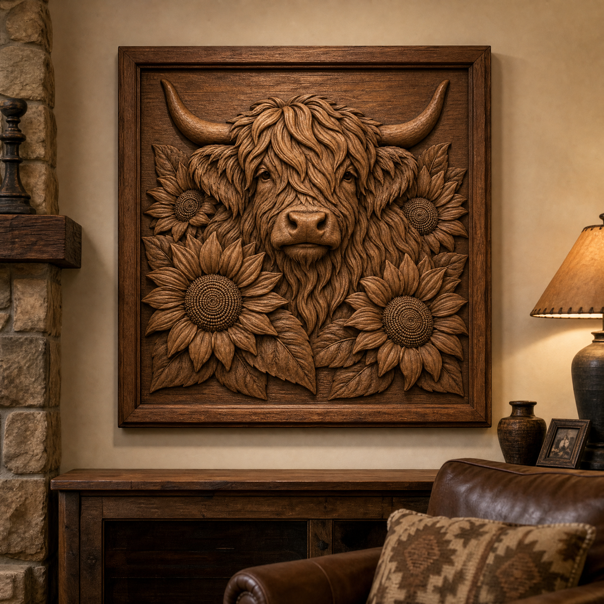 Framed Highland cow CNC relief with four sunflowers displayed above a console in a warm rustic room.