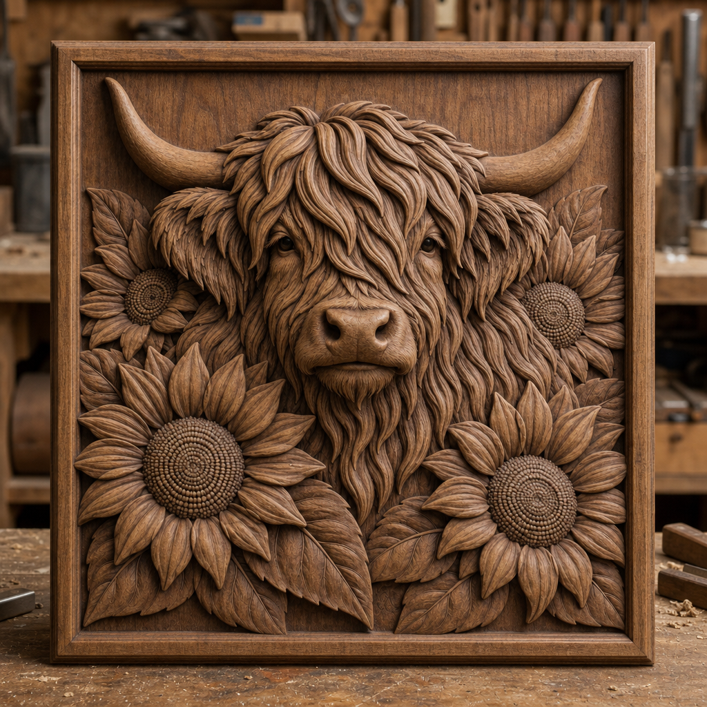 Finished wood CNC relief of a Highland cow with curved horns and four sunflowers in a framed workshop panel.