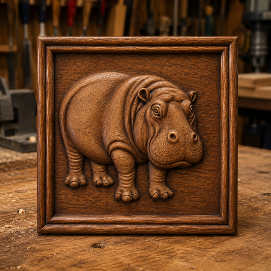 A wooden relief carving of a hippopotamus, crafted using the "Hippopotamus Relief STL File | Wildlife CNC Wall Art" by Form Arcade, is showcased in a square frame on a workbench in a woodworking shop, with tools visible in the background. This distinctive wall art piece demonstrates the intricate craftsmanship made possible with Form Arcade's hippopotamus CNC relief design.