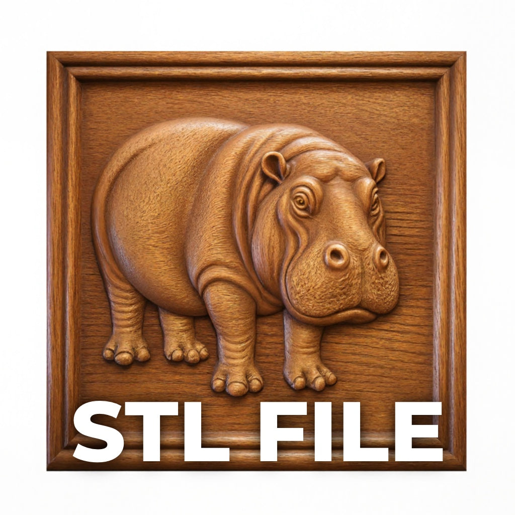 The Hippopotamus Relief STL File | Wildlife CNC Wall Art by Form Arcade features a wooden bas relief of a hippopotamus in a square frame, with "STL FILE" in bold white letters below this decorative piece.