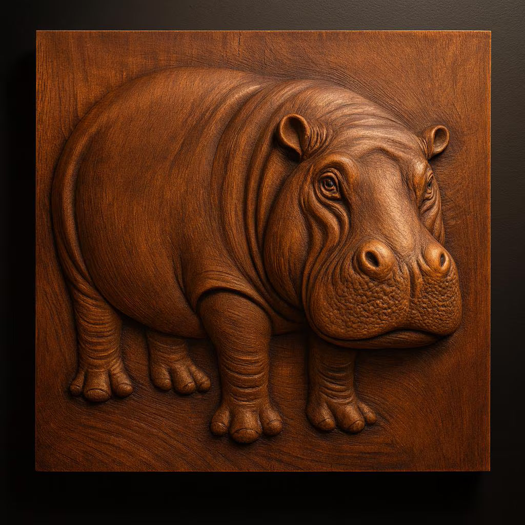 The Hippopotamus Relief STL File by Form Arcade features a detailed hippo CNC wall art design with realistic texture and rounded features, perfect for unique wildlife decor. The square panel stands out beautifully against a dark background.
