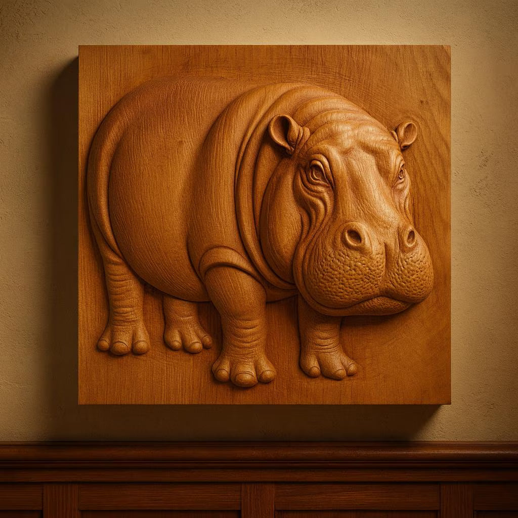 The Hippopotamus Relief STL File by Form Arcade is a detailed wildlife CNC wall art piece, showing a realistic hippo in profile with intricate textures, ideal for mounting above wood paneling or on a beige wall.