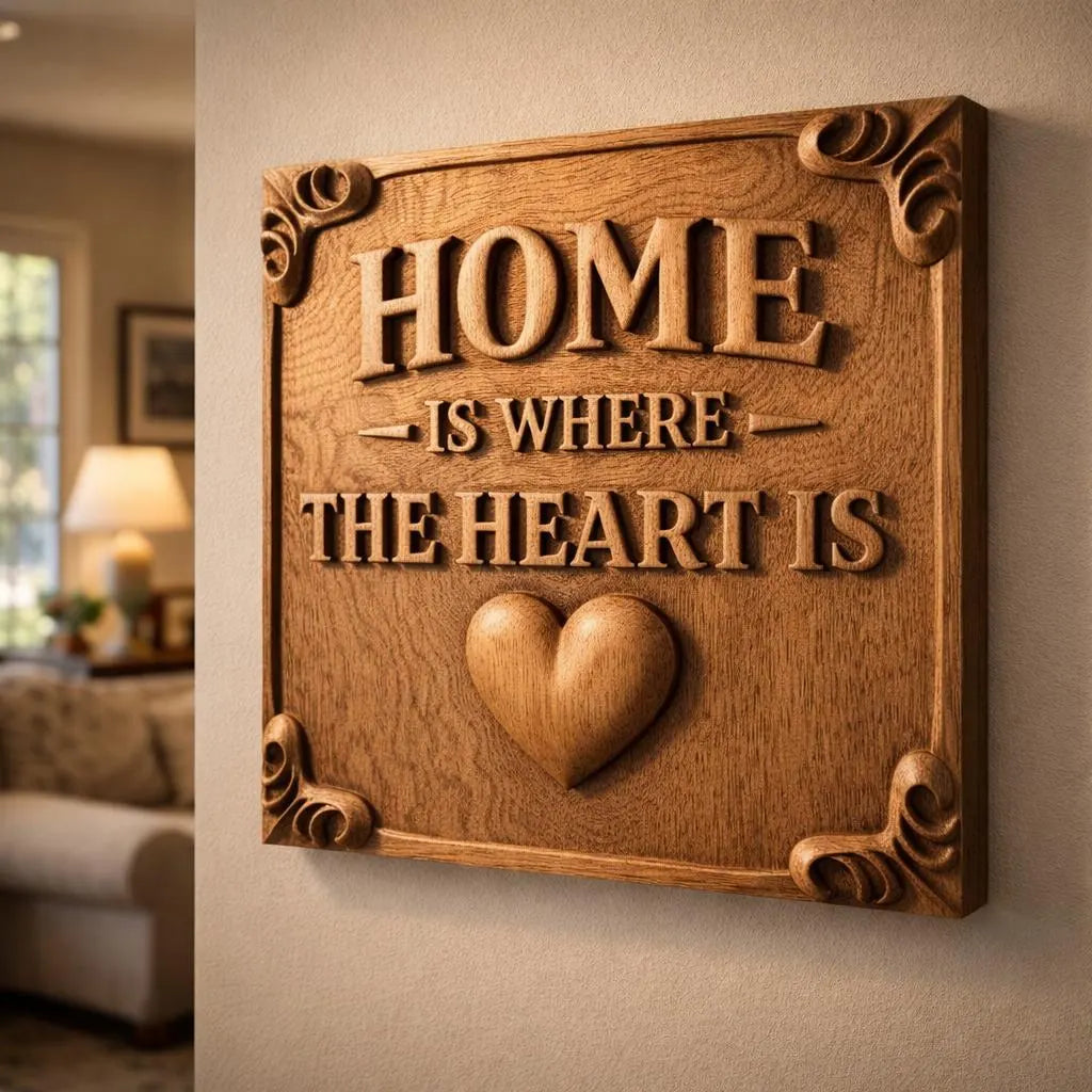 The Home Is Where The Heart Is Sign STL File by Form Arcade is a CNC wall art design featuring raised text and a carved heart, perfect for cozy living rooms as unique home decor.