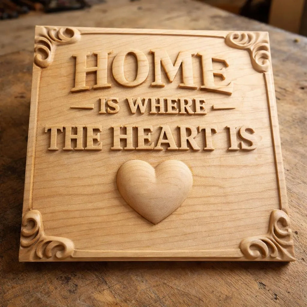 The Home Is Where The Heart Is Sign STL File by Form Arcade features a wooden plaque with carved corners and the phrase above a raised heart—ideal for CNC carving or 3D printing your own home decor wall art.