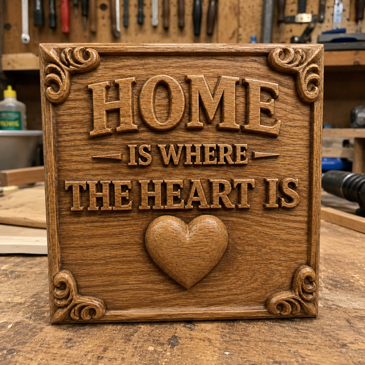 A carved wooden plaque by Form Arcade reads "Home is where the heart is" with a raised heart and decorative corners. The Home Is Where The Heart Is Sign STL File is perfect for DIY woodworking or CNC wall art, shown on a workbench with tools in the background.