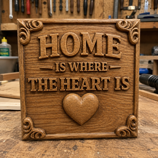 A carved wooden plaque by Form Arcade reads "Home is where the heart is" with a raised heart and decorative corners. The Home Is Where The Heart Is Sign STL File is perfect for DIY woodworking or CNC wall art, shown on a workbench with tools in the background.