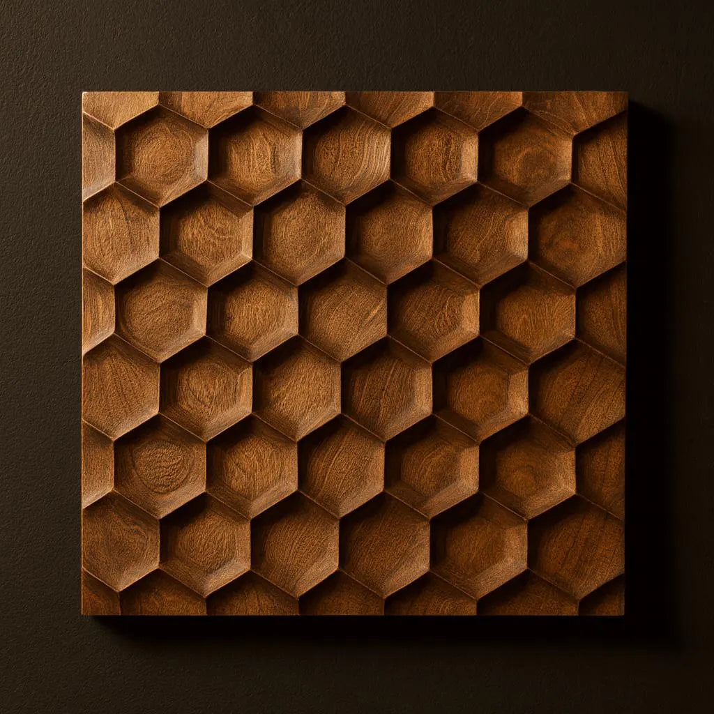 Close up CNC relief carving of a honeycomb hex pattern with deep beveled cells creating strong shadow contrast and dimensional texture, carved in warm stained wood with visible grain and clean edges, designed for CNC machining and 3D printing, ideal for geometric wall art, modern decor, and pattern based woodworking projects  