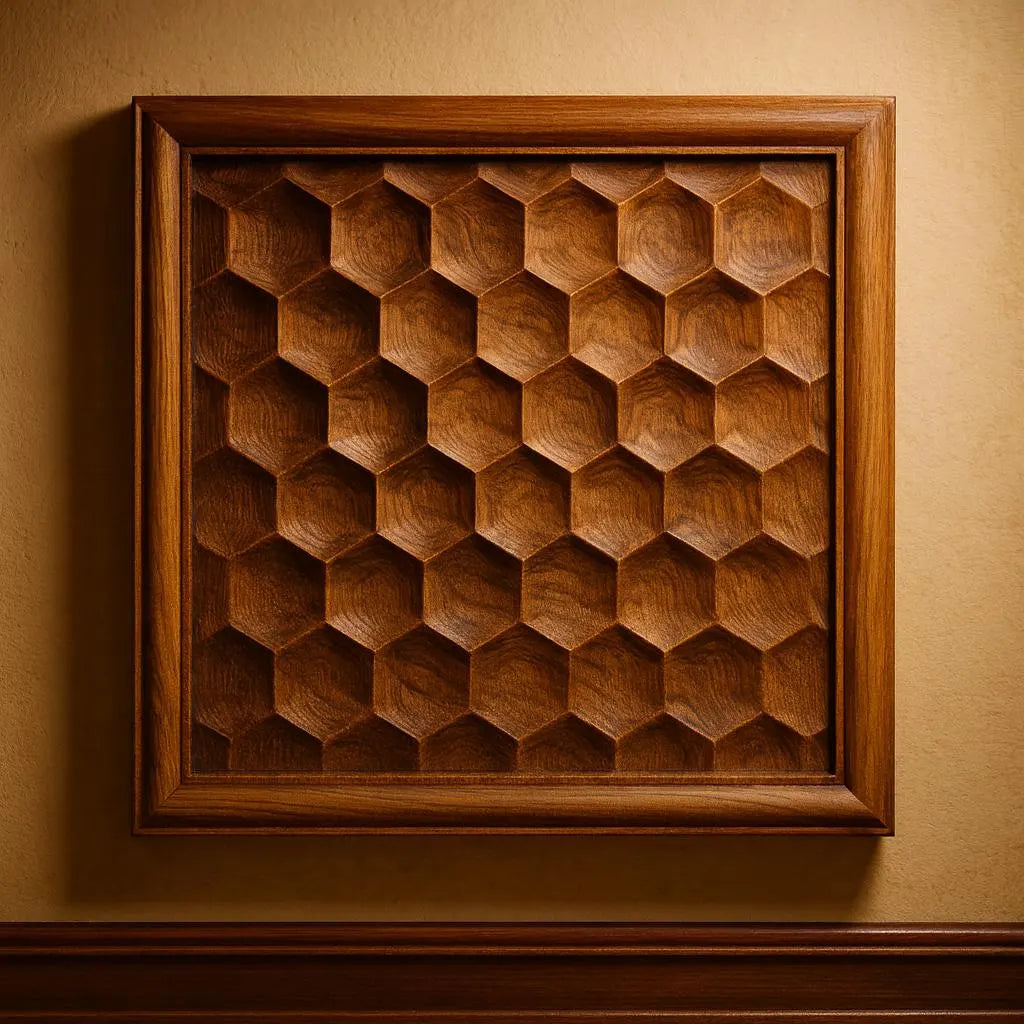 Framed wooden CNC relief carving of a honeycomb hex pattern displayed as finished wall art with warm lighting and strong dimensional depth, clean beveled hex cells create repeating geometric structure, designed for CNC carving and compatible with 3D printing, perfect for modern interior decor and minimalist woodworking display pieces  