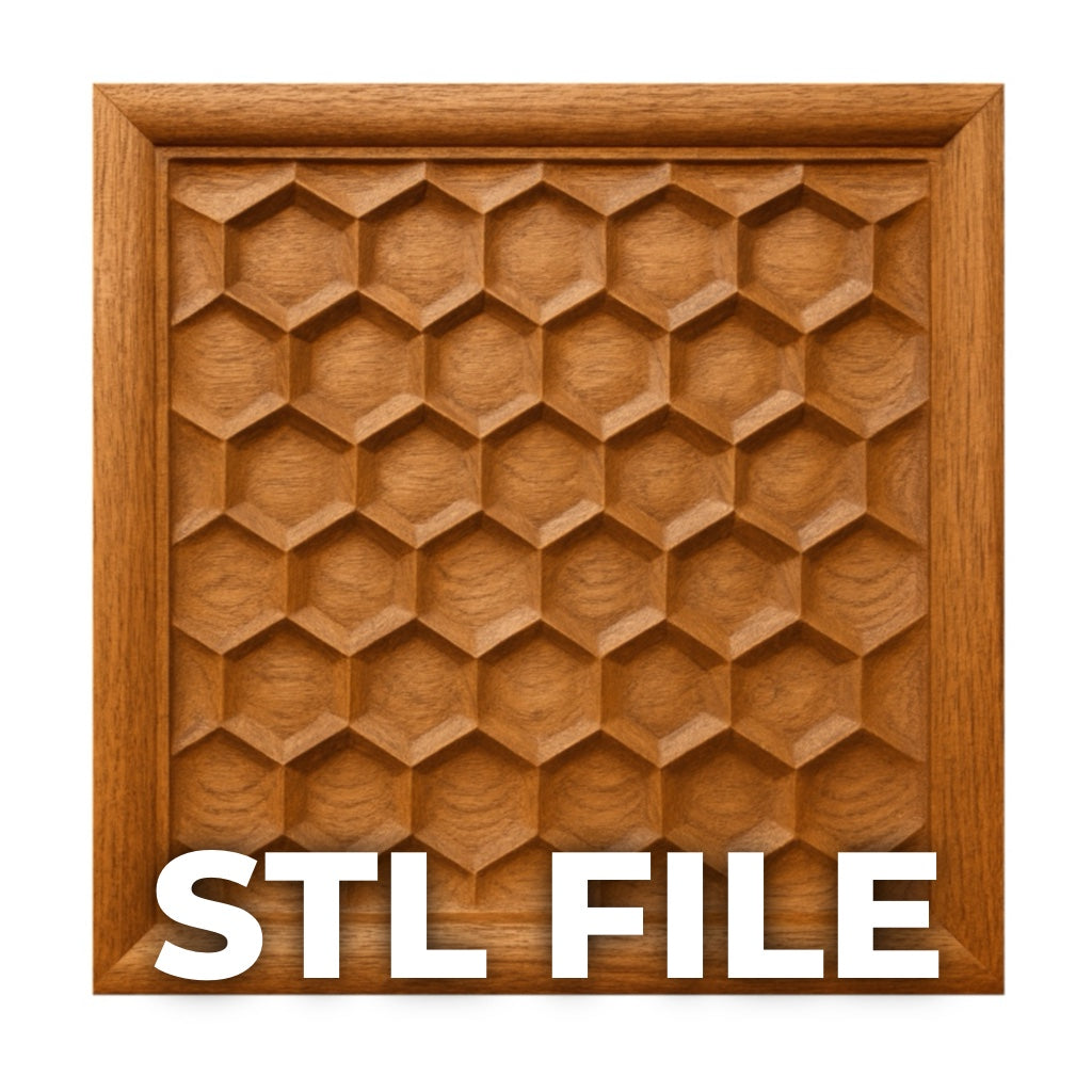 Honeycomb geometric CNC relief carving shown as a framed wooden panel with STL file overlay text, featuring repeating hexagon pattern with clean beveled depth and uniform structure, natural wood grain visible throughout, designed for CNC carving and 3D printing, ideal for modern wall art, geometric decor, and precision woodworking projects  