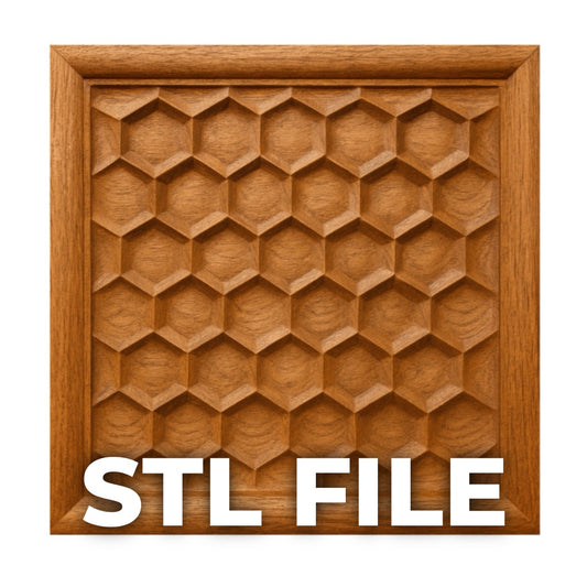 Honeycomb geometric CNC relief carving shown as a framed wooden panel with STL file overlay text, featuring repeating hexagon pattern with clean beveled depth and uniform structure, natural wood grain visible throughout, designed for CNC carving and 3D printing, ideal for modern wall art, geometric decor, and precision woodworking projects  