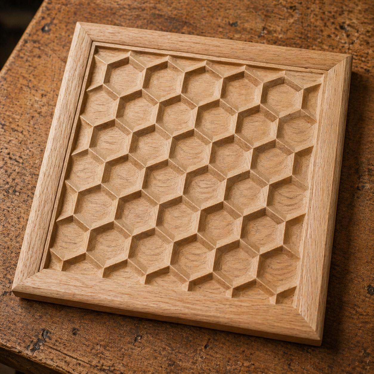 Unfinished CNC relief carving of a honeycomb hex pattern on a wooden board resting on a workbench, showing raw wood surface, visible tool marks, and clean geometric depth rising from flat material, designed for CNC machining and 3D printing workflows, ideal for showcasing carving process, precision patterning, and woodworking production detail  