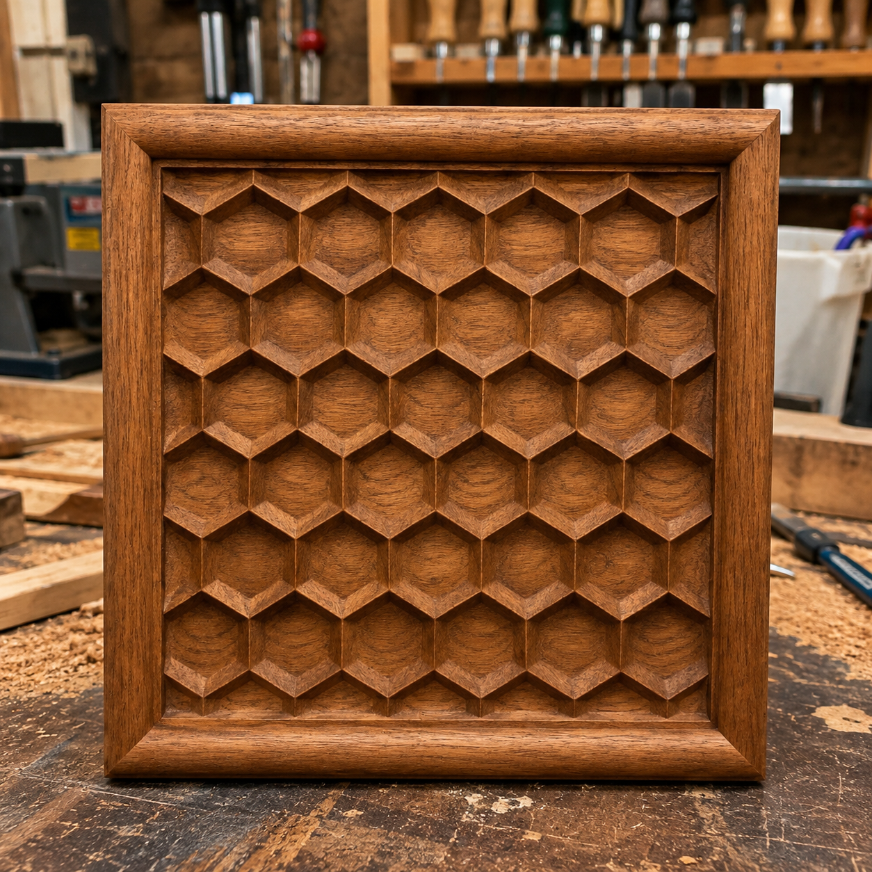 The Honeycomb Geometric Relief STL File by Form Arcade displays a hex pattern CNC wall art with a smooth border, shown upright on a workbench in a woodworking shop with tools and wood shavings in the background.