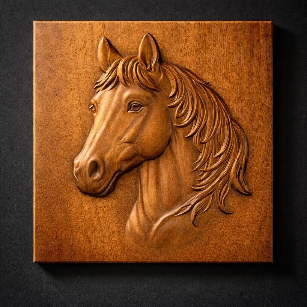 Detailed horse portrait relief showing carved wood texture depth and flowing mane optimized for CNC relief carving