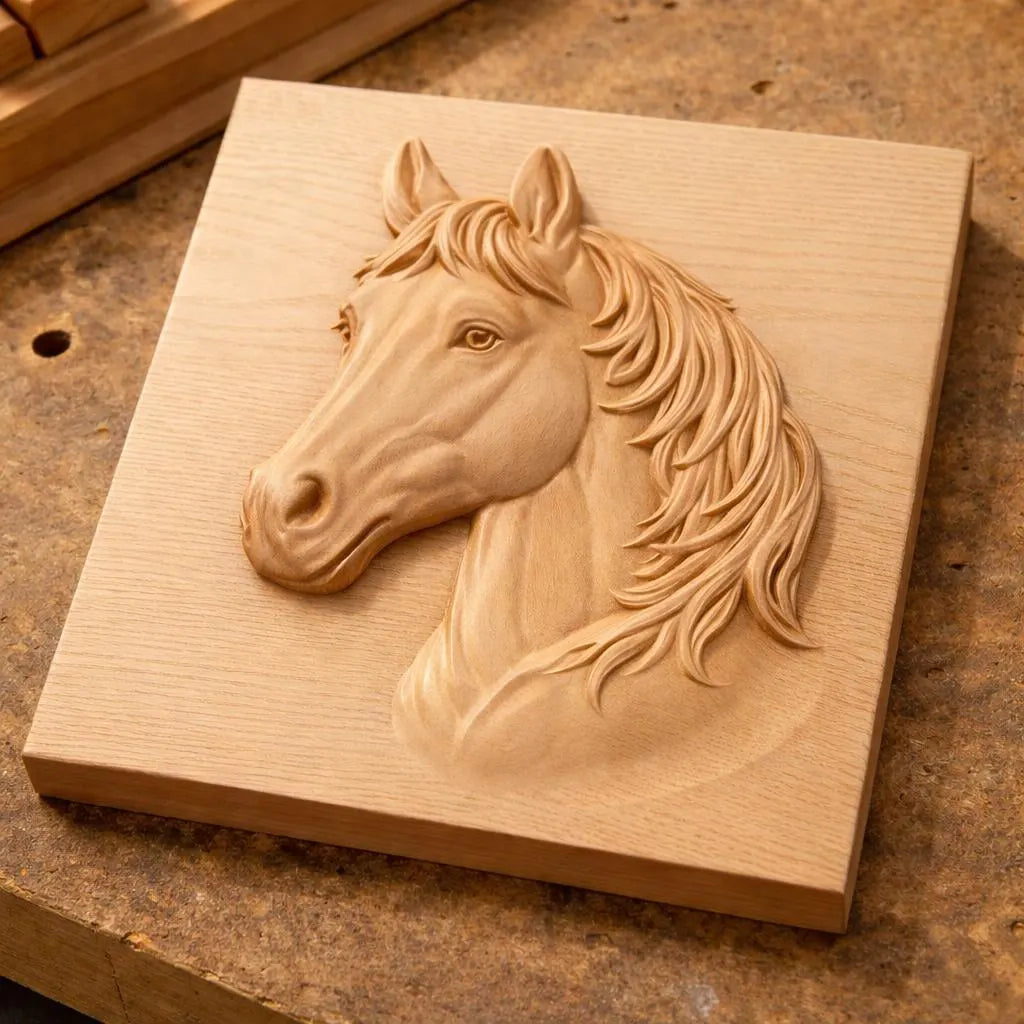Fresh CNC carved horse portrait relief on wood surface showing raw toolpath detail and carving quality
