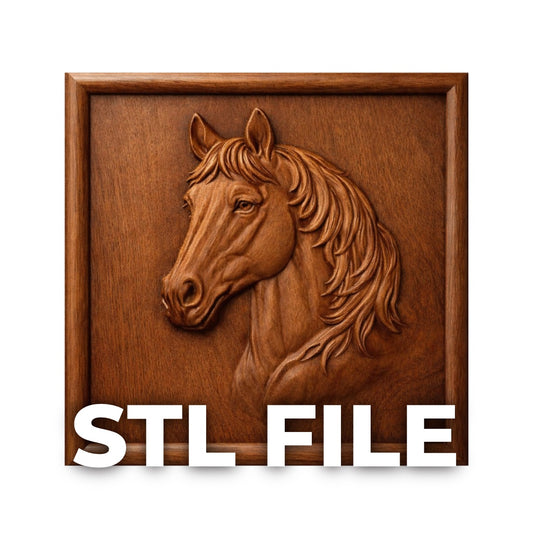 Horse portrait relief STL file shown as CNC carved wood panel thumbnail for wall art and carving preview