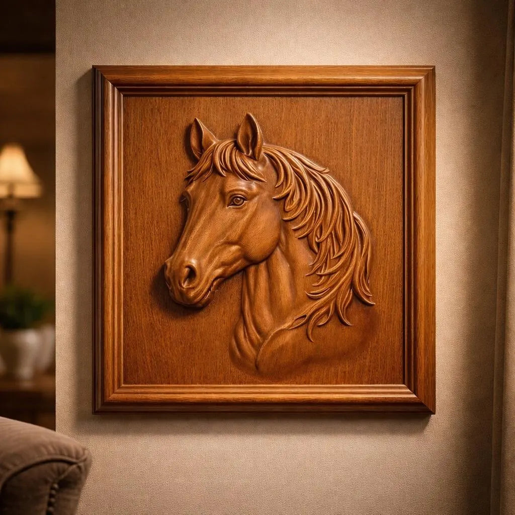 Horse portrait relief displayed as framed wood wall art in interior setting showing finished CNC carving application