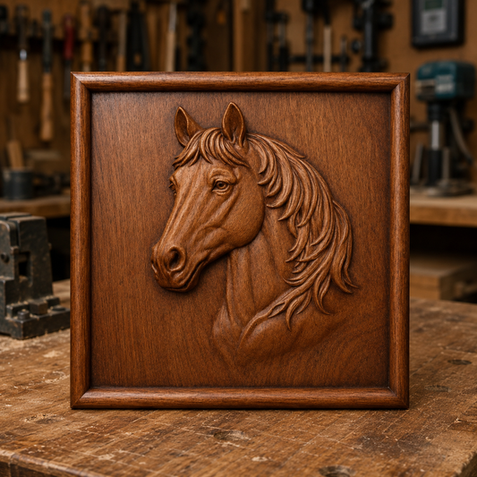 A wooden plaque showcasing a detailed, carved horse head sits on a workbench in a woodworking shop, with tools and equipment softly blurred in the background. This decorative wall art features a beautiful CNC relief carving created using the Free Horse Portrait Relief STL File by Form Arcade.
