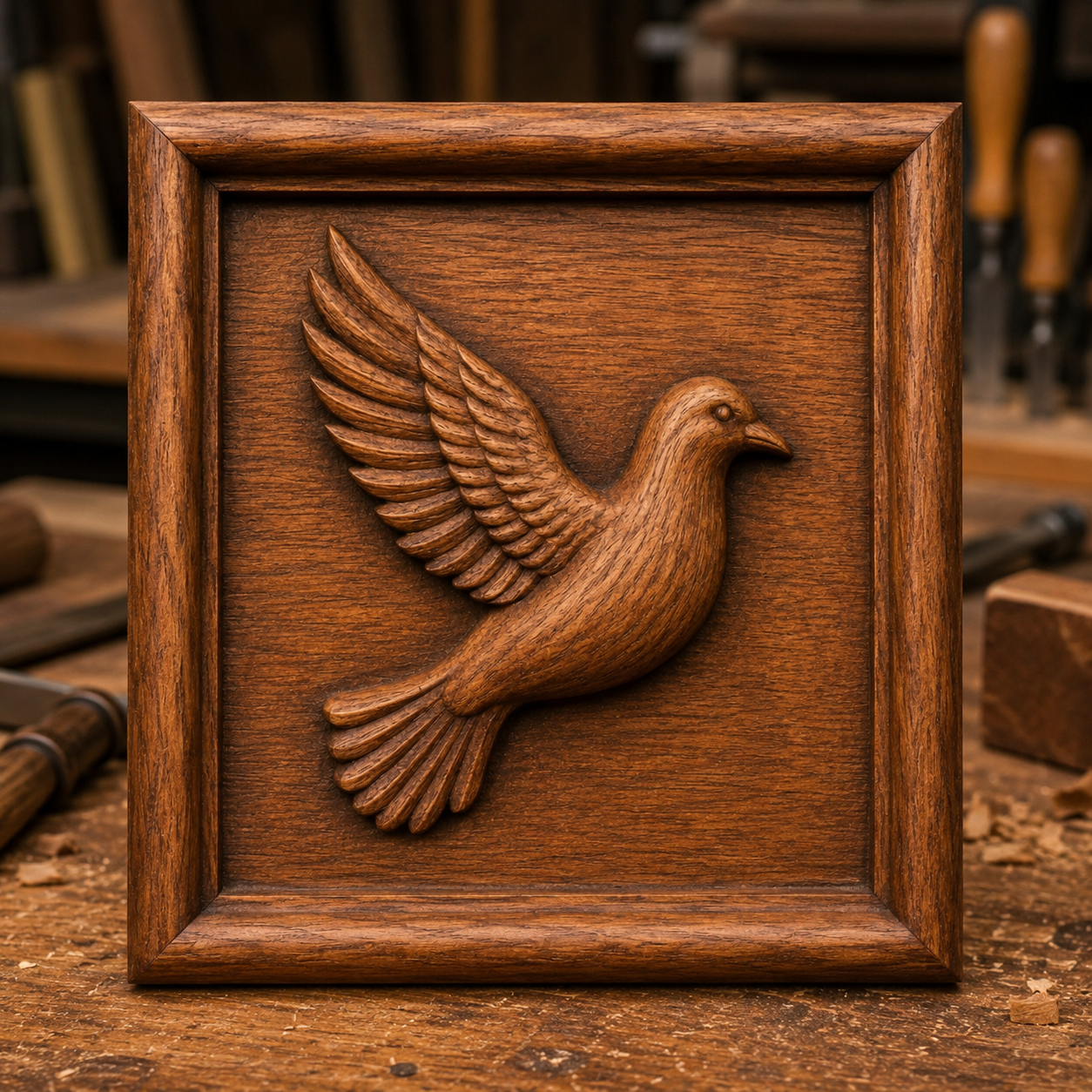 The Flying Dove Relief STL File by Form Arcade showcases a detailed CNC-carved dove in flight, set in a smooth wooden background with a raised border—perfect for creating stunning bird wall art.
