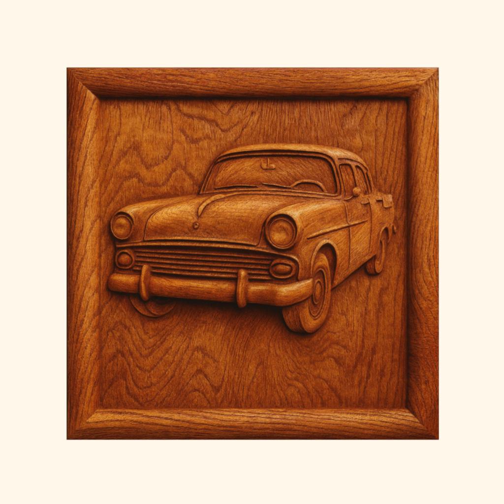 A wooden relief carving of a classic car is featured on a square wood plaque with natural grain and a beveled frame, making it an ideal addition to woodworking projects or as part of the Classic Car 3-Pack CNC STL Bundle | Automotive CNC Wall Art by Form Arcade.